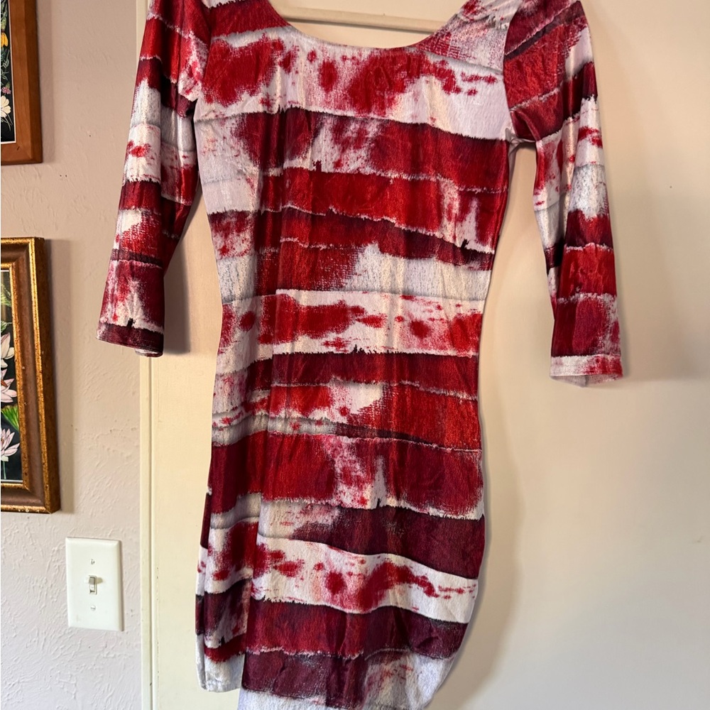 BlackMilk Bloody Mummy Red & White Striped Velvet Bodycon Dress - M